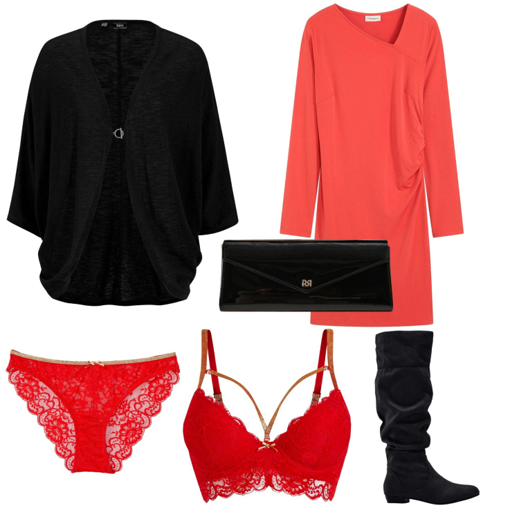 Outfit donna - La lingerie natalizia. Stile Sexy per Serata fuori. Abbinamento con reggiseni, vestiti, stivali, cardigans, culotte, pochette.