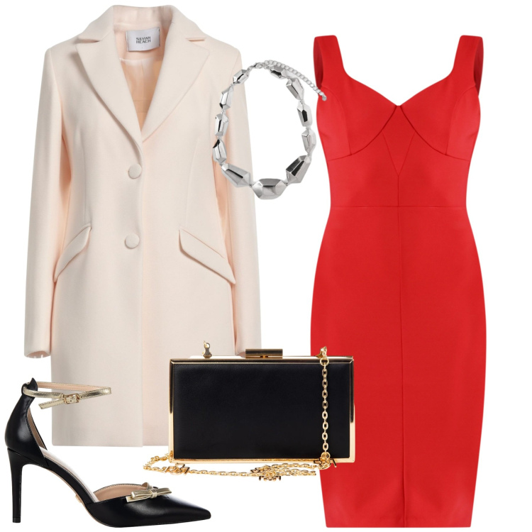 Outfit donna - Cena di vigilia. Stile Chic per Serata fuori. Abbinamento con cappotti, vestiti a tubino, décolleté, pochette, ciondoli.