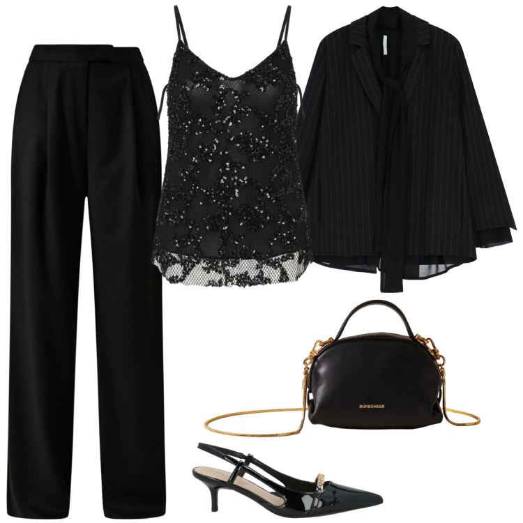 Outfit donna - Top nero di paillettes. Stile Glamour per Serata fuori. Abbinamento con décolleté, pantaloni, canottiere, blazer, borse a mano.
