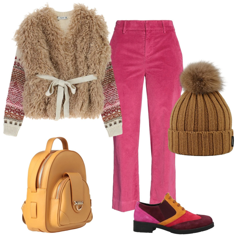 Outfit donna - Freddo dicembre colorato. Stile Trendy per Tutti i giorni. Abbinamento con scarpe stringate, pantaloni, zaini, maglieria, berretti.