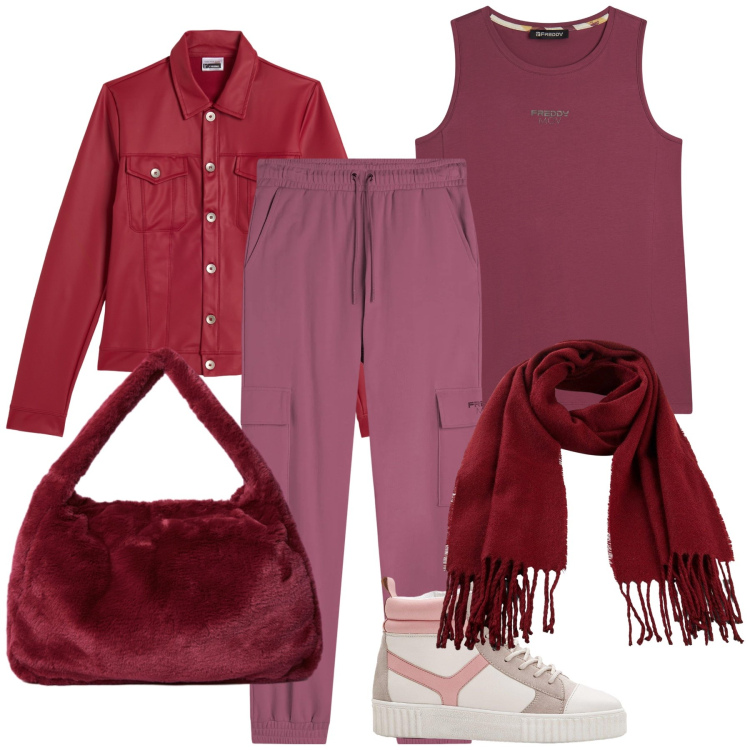 Outfit donna - Ton sur ton. Stile Sporty chic per Tutti i giorni. Abbinamento con sciarpe, sneakers alte, pantaloni cargo, canottiere, giacche, borse a spalla.