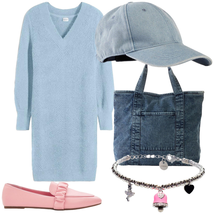 Outfit donna - Azzurro e rosa. Stile Romantica per Tutti i giorni. Abbinamento con vestiti, mocassini, shopping bag, cappelli con visiera, braccialetti.