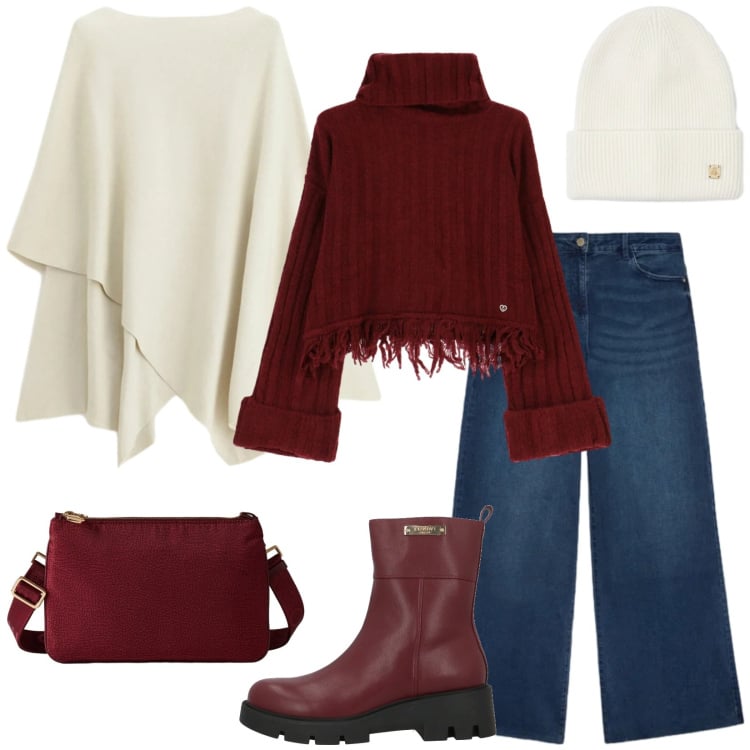 Outfit donna - Freddo dicembre. Stile Casual per Tutti i giorni. Abbinamento con stivaletti, maglieria, maglieria, berretti, borse a tracolla, jeans.
