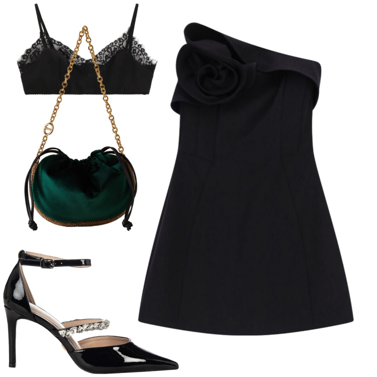 Outfit donna - Serata. Stile Chic per Serata fuori. Abbinamento con décolleté, bralette, vestiti asimmetrici, borse a spalla.
