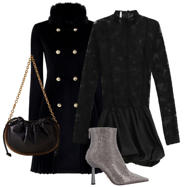 Outfit donna - Serata. Stile Glamour per Serata fuori. Abbinamento con stivaletti, cappotti, vestiti corti, borse a spalla.