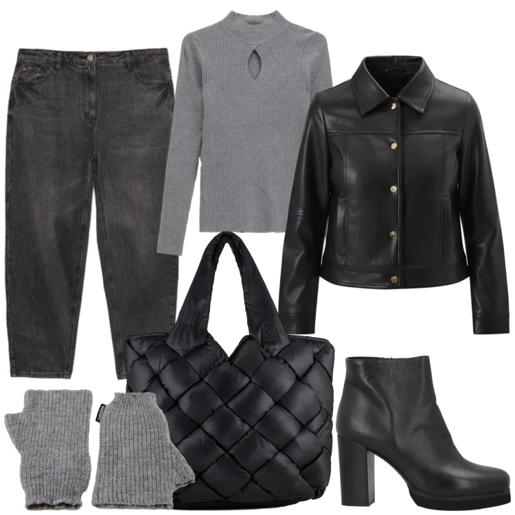 Outfit donna - Aperitivo?. Stile Rock per Tutti i giorni. Abbinamento con stivaletti, giacche, maglieria, borse tote, guanti, jeans mom.