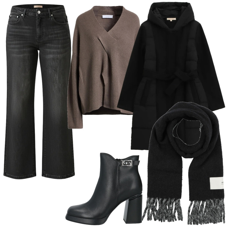 Outfit donna - Cena con le Amiche. Stile Casual chic per Serata fuori. Abbinamento con pullovers, stivaletti, sciarpe, cappotti, jeans.