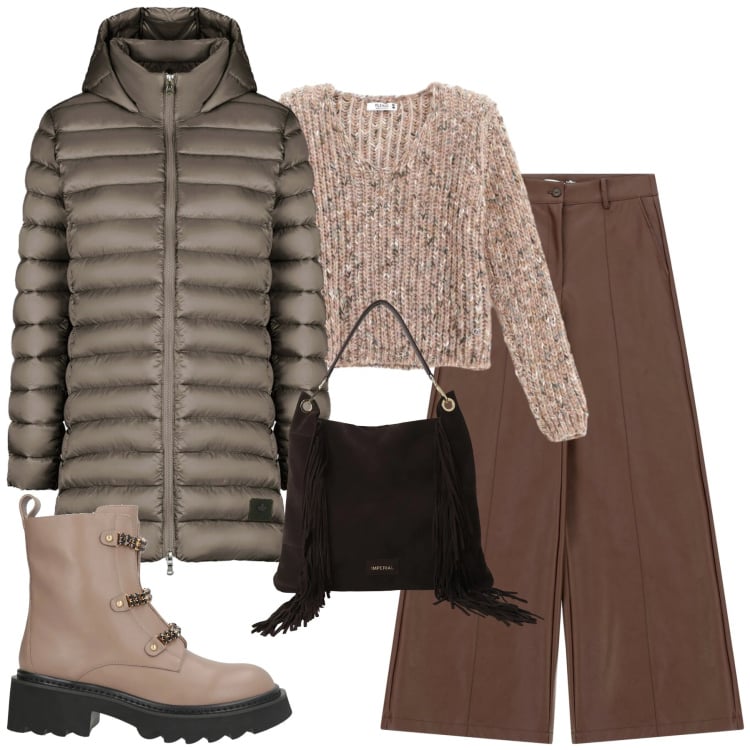 Outfit donna - City. Stile Casual chic per Tutti i giorni. Abbinamento con stivaletti, maglieria, pantaloni a palazzo, borse a spalla, piumini.