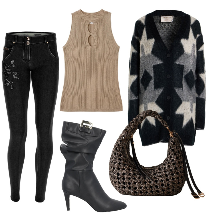 Outfit donna - Pollover a stelle. Stile Chic per Serata fuori. Abbinamento con cardigans, stivali, top, jeans skinny, borse a spalla.