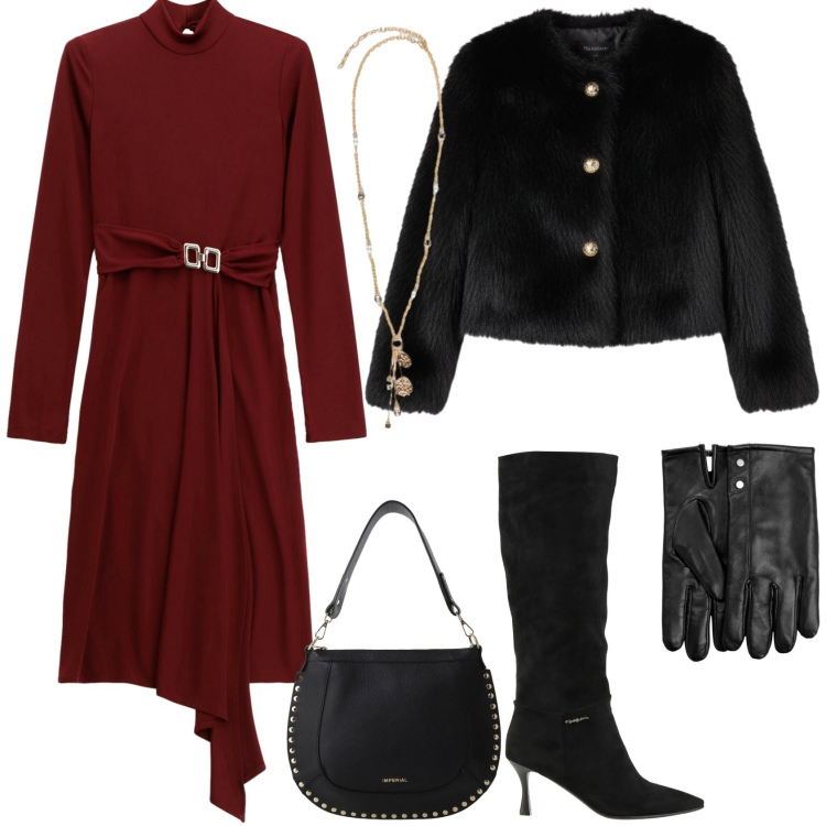 Outfit donna - Stile a dicembre!. Stile Chic per Serata fuori. Abbinamento con guanti, stivali, vestiti midi/longuette, borse a spalla, ecopellicce, ciondoli.