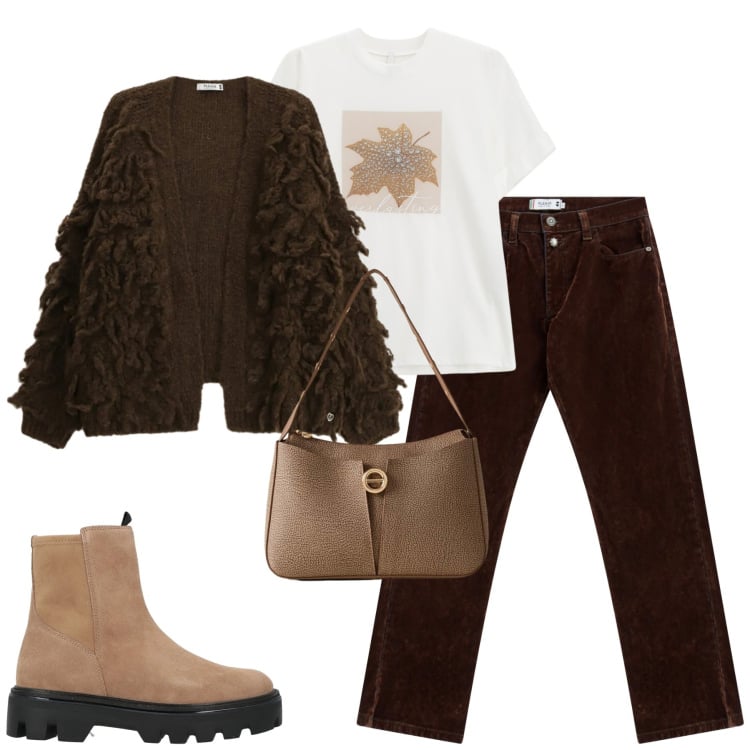 Outfit donna - Dicembre. Stile Casual chic per Tutti i giorni. Abbinamento con stivaletti, cardigans, pantaloni, t-shirt, borse a mano.