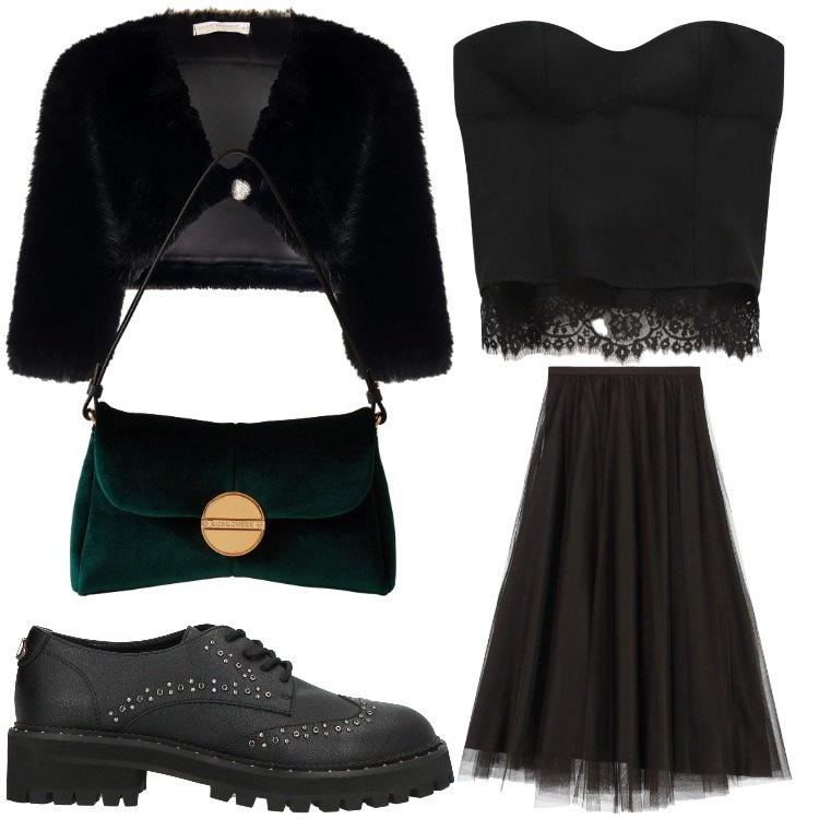 Outfit donna - Buon anno. Stile Casual chic per Serata fuori. Abbinamento con scarpe stringate, bolero, gonne lunghe, top, borse a tracolla.