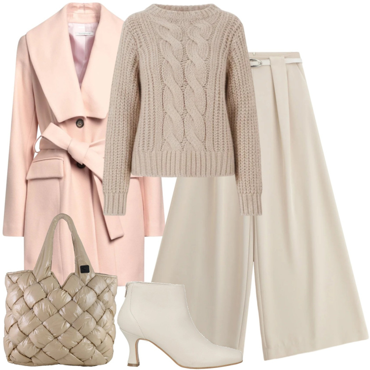 Outfit donna - Rosa cipria e burro. Stile Casual chic per Tutti i giorni. Abbinamento con cappotti, stivaletti, maglieria, pantaloni a palazzo, borse tote.