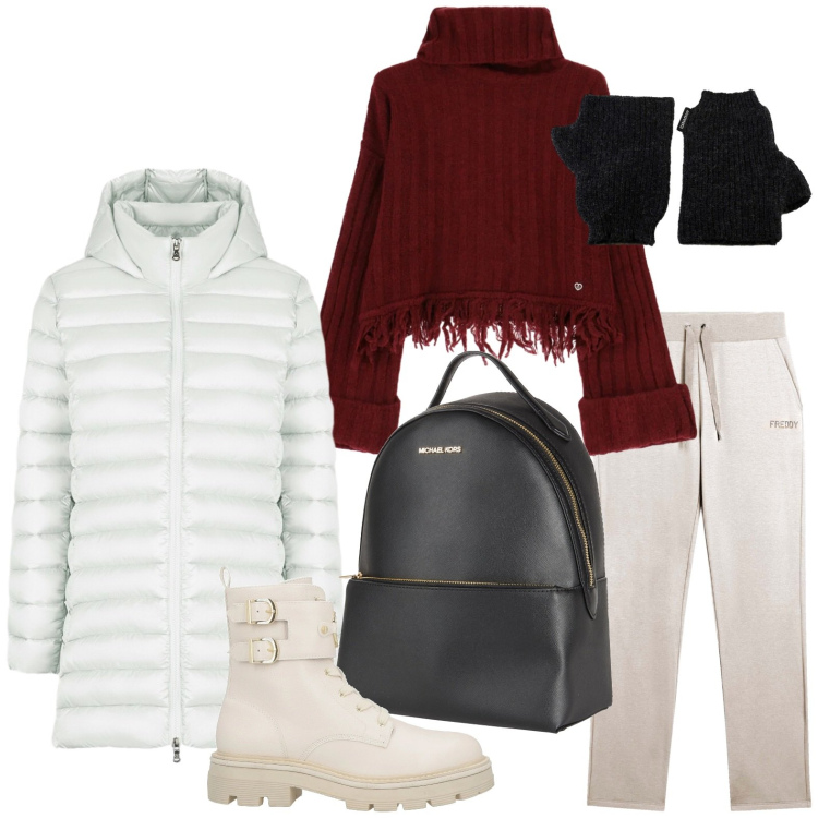 Outfit donna - Fuga in baita. Stile Trendy per Tutti i giorni. Abbinamento con zaini, anfibi, maglieria, pantaloni, piumini, guanti.