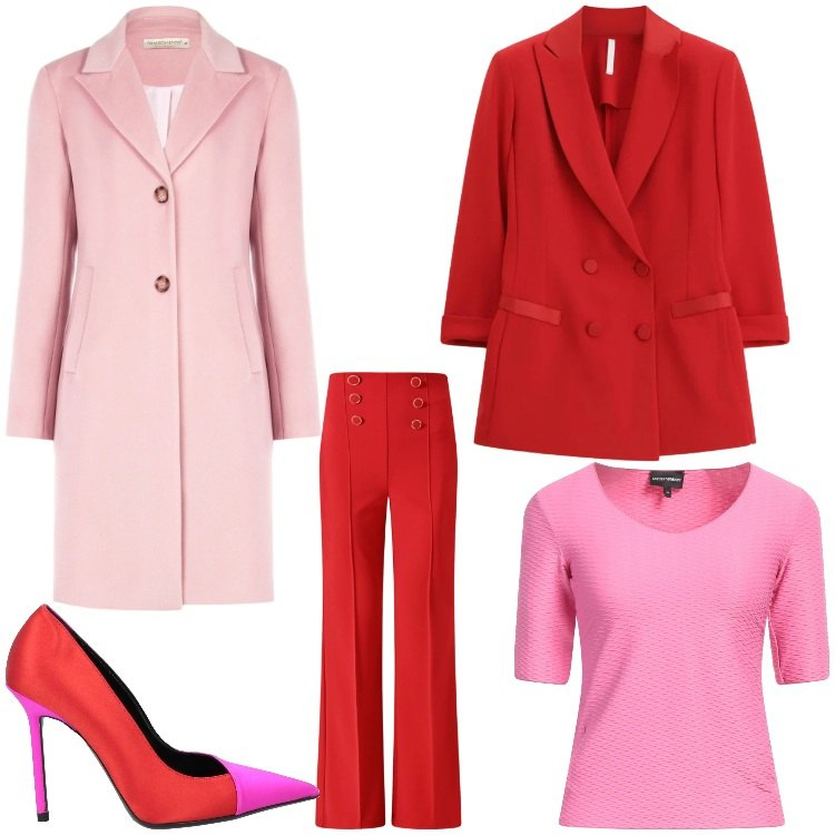 Outfit donna - Rosa e rosso. Stile Chic per Serata fuori. Abbinamento con décolleté, t-shirt, cappotti, pantaloni, blazer.