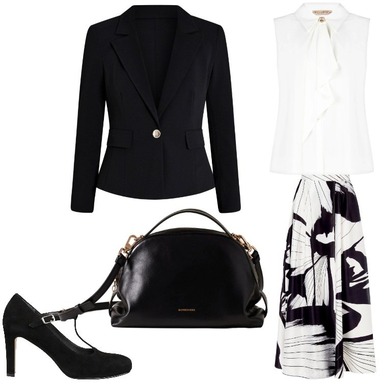 Outfit donna - Chic e bon ton. Stile Chic per Serata fuori. Abbinamento con décolleté, blazer, gonne lunghe, top, borse a mano.
