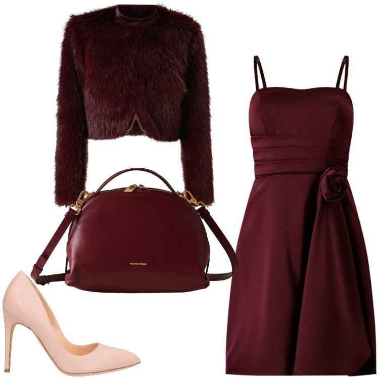 Outfit donna - Bordeaux e nude. Stile Chic per Serata fuori. Abbinamento con décolleté, vestiti corti, blazer, borse a mano.