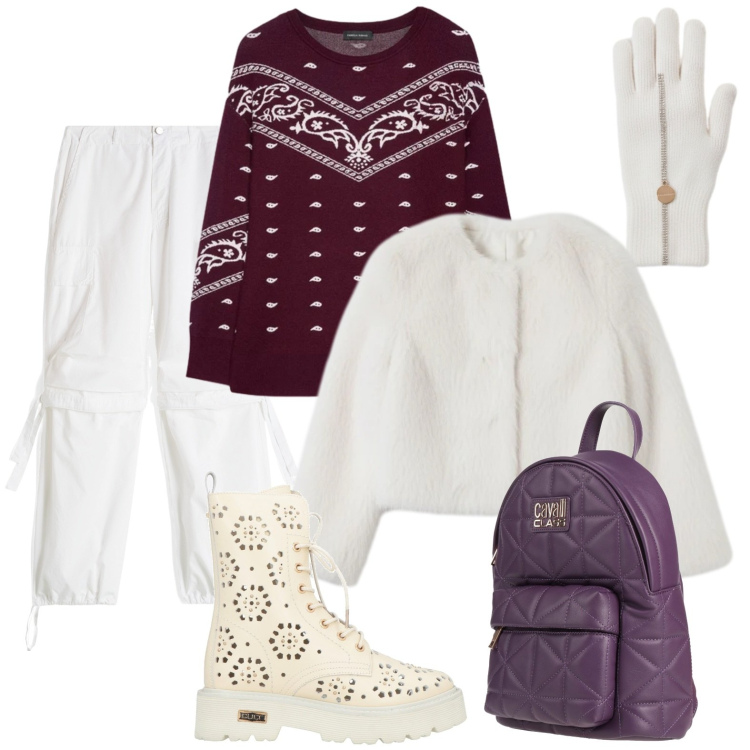 Outfit donna - Vacanza invernale. Stile Trendy per Tutti i giorni. Abbinamento con anfibi, zaini, ecopellicce, guanti, pantaloni cargo, maglieria.