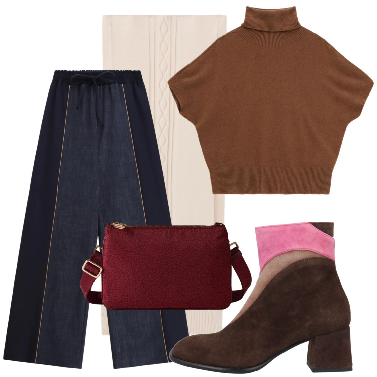 Outfit donna - Total look #2306895. Stile Casual per Scuola/Università. Abbinamento con stivaletti, pantaloni a palazzo, maglieria, sciarpe, borse a tracolla.