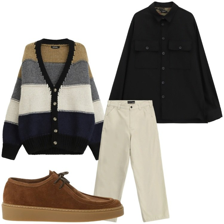 Outfit uomo - Righe. Stile Casual per Tutti i giorni. Abbinamento con pantaloni, scarpe stringate, cardigans, camicie.