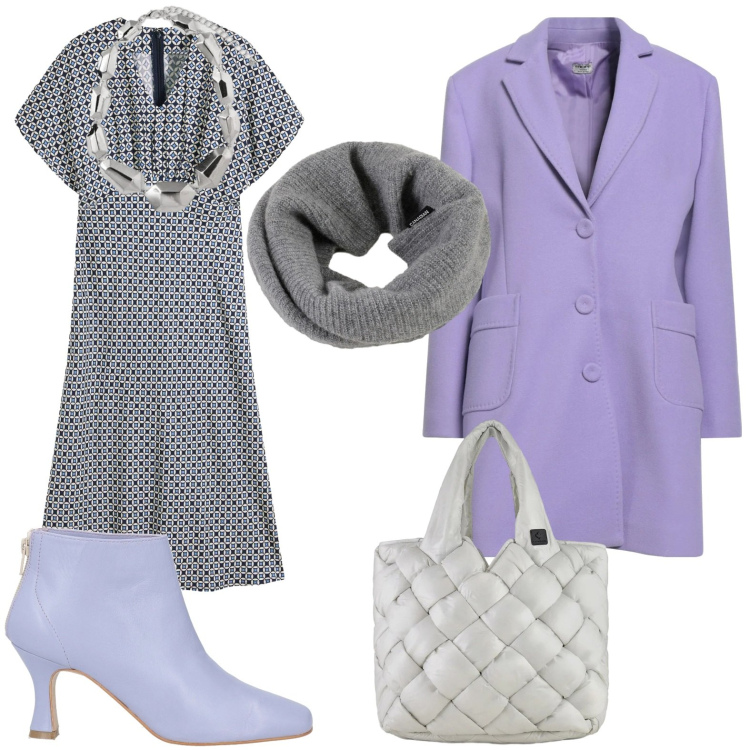 Outfit donna - Mise invernale. Stile Glamour per Ufficio. Abbinamento con vestiti, stivaletti, cappotti, borse tote, scaldacollo, ciondoli.