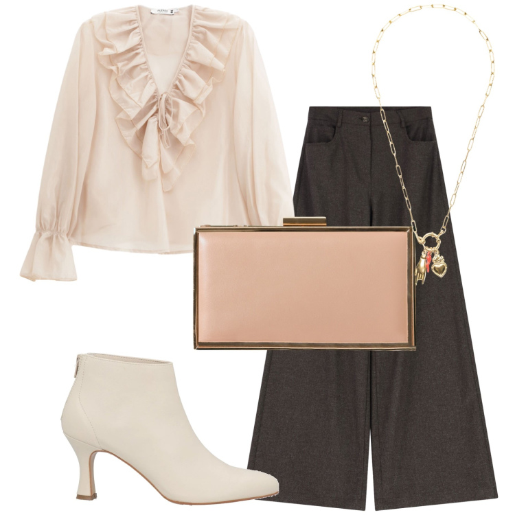 Outfit donna - Volants a cena. Stile Bon Ton per Serata fuori. Abbinamento con stivaletti, camicie, pochette, pantaloni a palazzo, ciondoli.