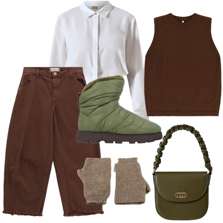 Outfit donna - Il gilet chocolat. Stile Glamour per Tutti i giorni. Abbinamento con stivaletti, pantaloni, borse a mano, camicie, gilet, guanti.