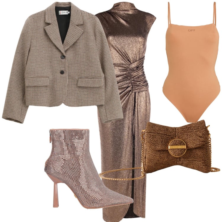 Outfit donna - Bronzo. Stile Glamour per Serata fuori. Abbinamento con stivaletti, body, blazer, vestiti lunghi, pochette.