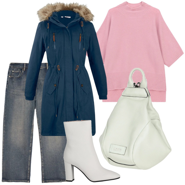Outfit donna - Denim e tacchi. Stile Casual chic per Tutti i giorni. Abbinamento con parka, stivaletti, zaini, maglieria, jeans.