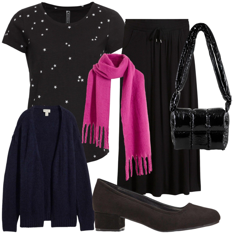 Outfit donna - La sciarpa colorata. Stile Urban per Ufficio. Abbinamento con gonne, décolleté, maglieria, sciarpe, cardigans, borse a spalla.