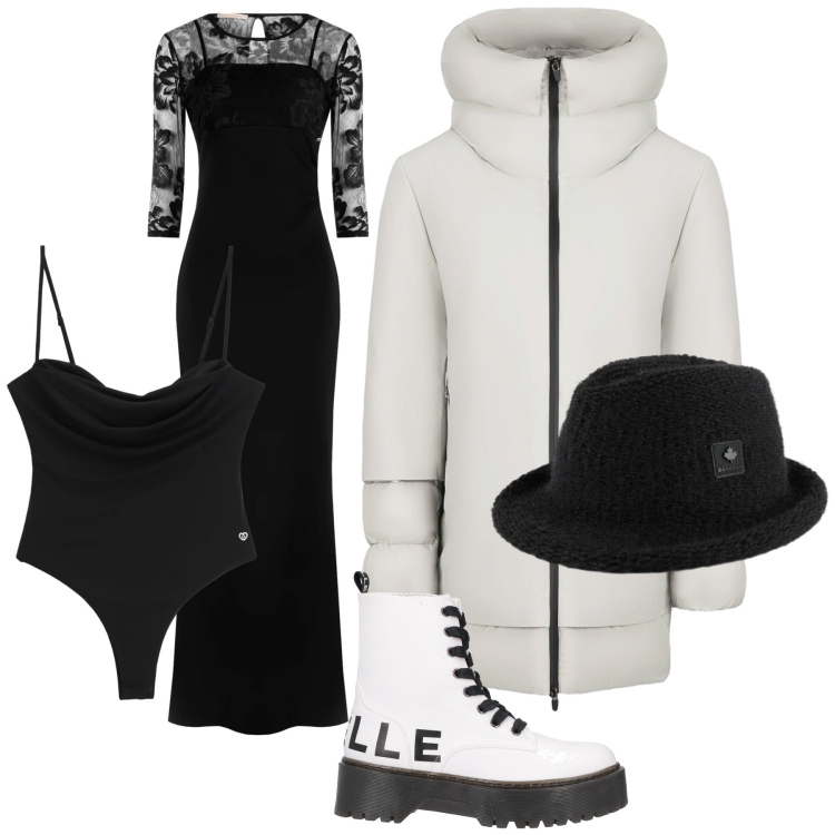 Outfit donna - Vestito wow sotto la neve. Stile Glamour per Serata fuori. Abbinamento con stivaletti, body, vestiti lunghi, cappotti, cappelli.