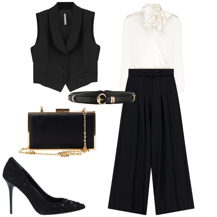 Outfit donna - Chic in nero. Stile Chic per Tutti i giorni. Abbinamento con cinture, décolleté, bluse, pochette, pantaloni a palazzo, gilet.