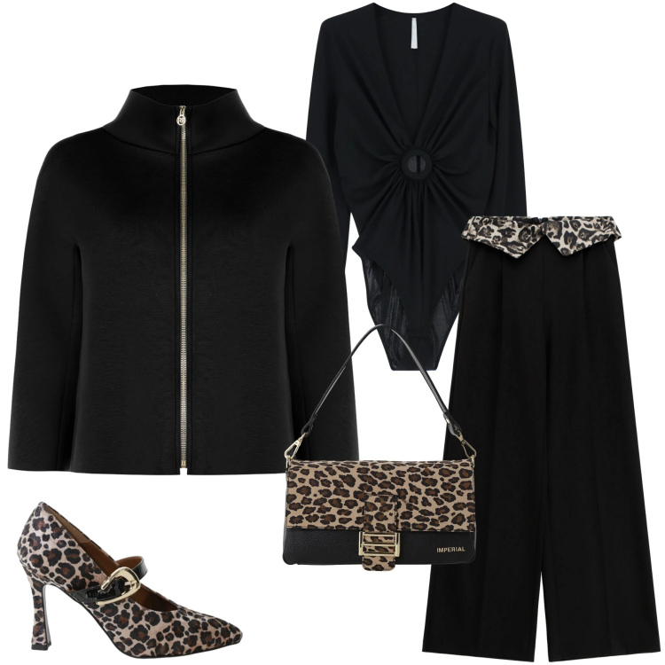 Outfit donna - Un tocco di animalier. Stile Chic per Serata fuori. Abbinamento con cappe, bluse, pantaloni a palazzo, borse a spalla, décolleté.
