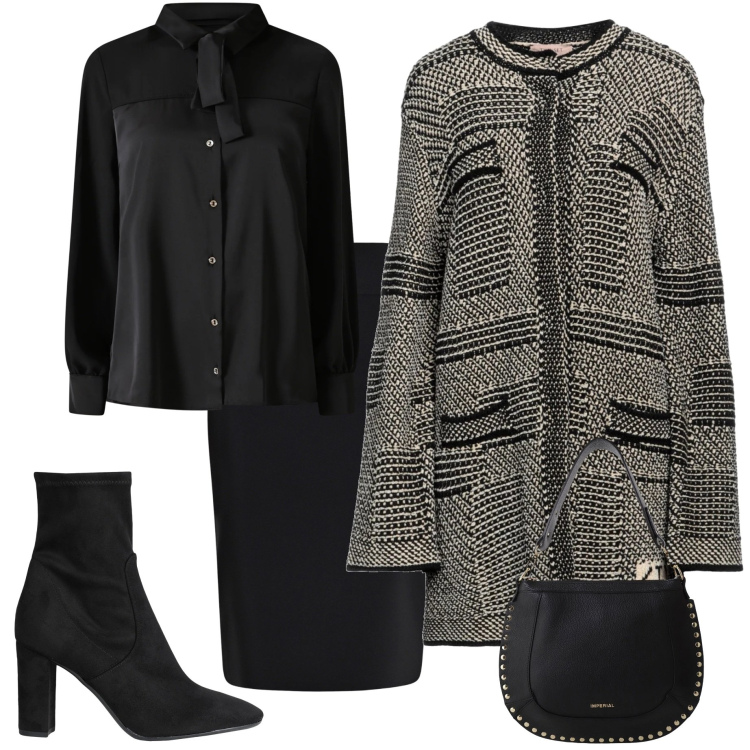 Outfit donna - Outfit di dicembre. Stile Chic per Serata fuori. Abbinamento con cappotti, stivaletti, gonne, camicie, borse a spalla.