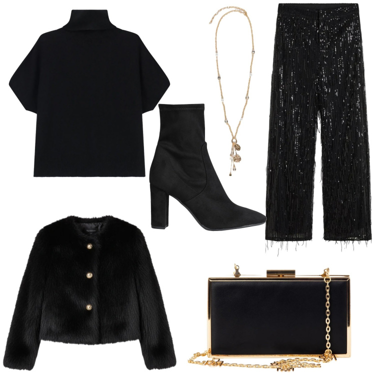 Outfit donna - Look vincente per le feste. Stile Chic per Serata fuori. Abbinamento con pantaloni, stivaletti, pochette, ecopellicce, maglieria, ciondoli.