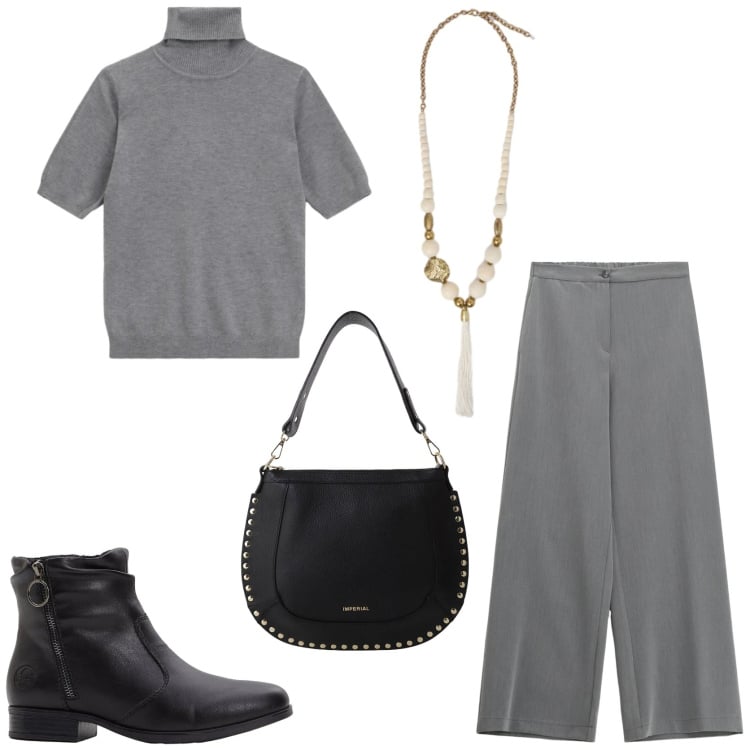 Outfit donna - Workwear. Stile Chic per Ufficio. Abbinamento con stivaletti, pantaloni a palazzo, maglieria, borse a spalla, ciondoli.