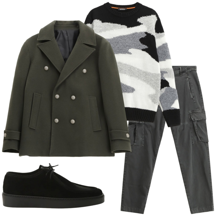 Outfit uomo - Urban style. Stile Urban per Tutti i giorni. Abbinamento con cappotti, maglieria, pantaloni cargo, scarpe stringate.