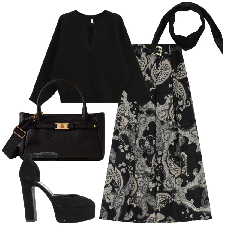 Outfit donna - City. Stile Trendy per Tutti i giorni. Abbinamento con décolleté, sciarpe, gonne lunghe, maglieria, borse a mano.