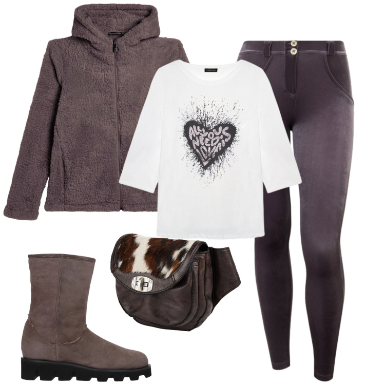 Outfit donna - Dicembre casual. Stile Casual per Tutti i giorni. Abbinamento con marsupi, stivaletti, felpe con cappuccio, pantaloni skinny, t-shirt.