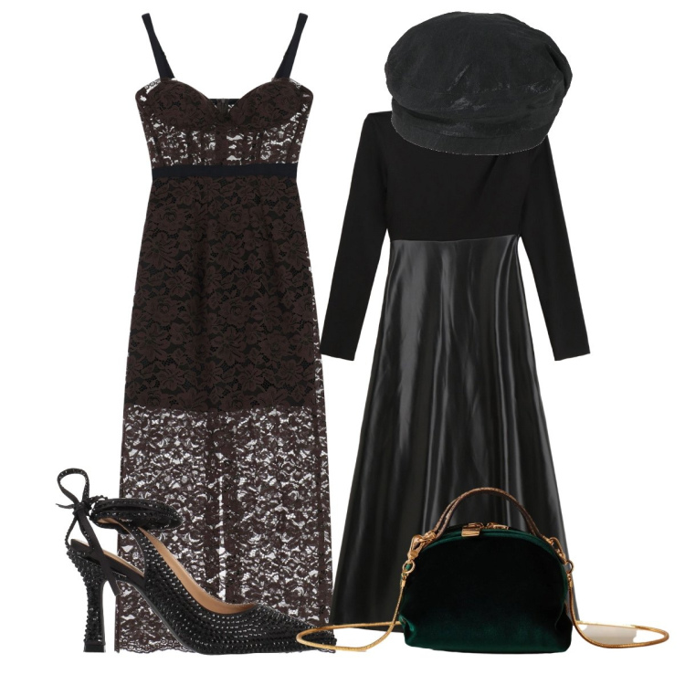 Outfit donna - Party Ready Per la notte di capodanno. Stile Glamour per Serata fuori. Abbinamento con décolleté, cappelli e berretti, cappotti, vestiti midi/longuette, borse a mano.