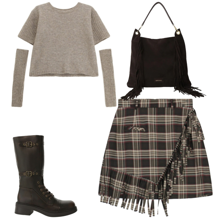 Outfit donna - City. Stile Casual chic per Tutti i giorni. Abbinamento con minigonne, maglieria, borse a spalla, stivali.