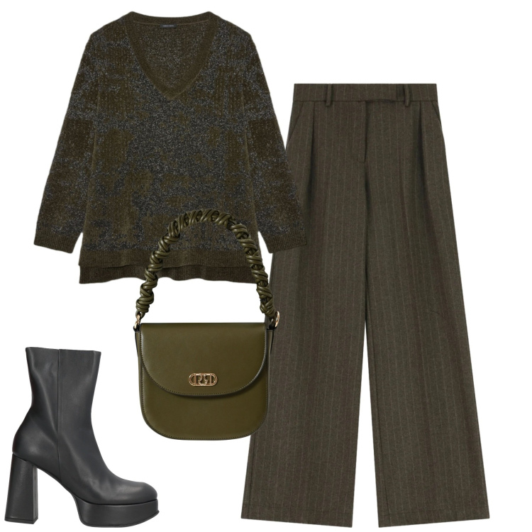 Outfit donna - City. Stile Urban per Tutti i giorni. Abbinamento con stivaletti, pantaloni a palazzo, borse a mano, maglieria.