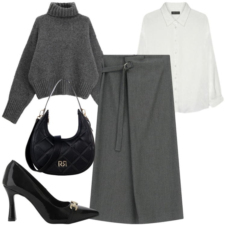 Outfit donna - City. Stile Urban per Tutti i giorni. Abbinamento con maglieria, décolleté, gonne lunghe, borse a tracolla, camicie.