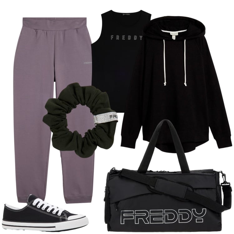 Outfit donna - Allenamento intensivo. Stile Sporty chic per Sport. Abbinamento con felpe con cappuccio, sneakers, pantaloni, borse sportive, accessori per capelli, top sportivi.