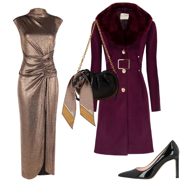 Outfit donna - Serata di fine anno. Stile Chic per Serata fuori. Abbinamento con décolleté, sciarpe, vestiti lunghi, cappotti, borse a spalla.