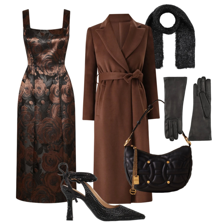 Outfit donna - Feste bronzo & cioccolato. Stile Glamour per Cerimonia. Abbinamento con décolleté, sciarpe, guanti, vestiti, cappotti, borse a spalla.