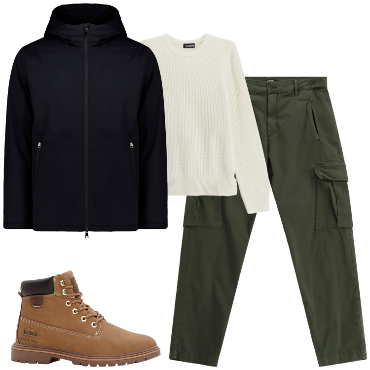 Outfit uomo - Dicembre. Stile Casual per Tutti i giorni. Abbinamento con stivali e stivaletti, maglieria, pantaloni cargo, parka.