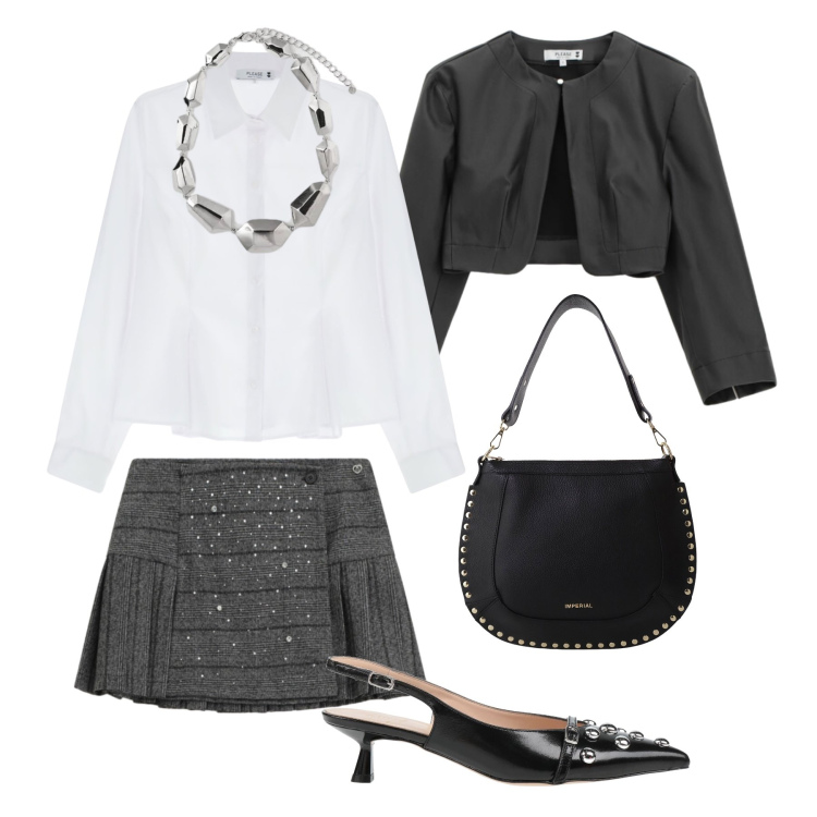 Outfit donna - Domenica preppy chic. Stile Preppy per Tutti i giorni. Abbinamento con décolleté, minigonne, camicie, blazer, borse a spalla, ciondoli.