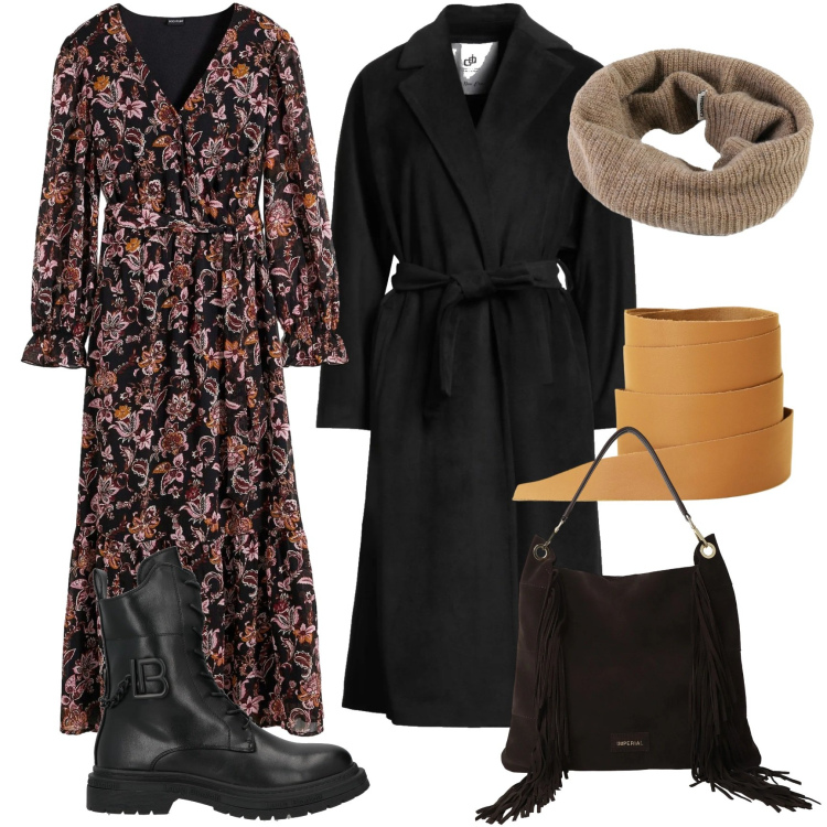 Outfit donna - Pratica ma raffinata. Stile Casual chic per Tutti i giorni. Abbinamento con vestiti lunghi, anfibi, cappotti, cinture, borse a spalla, scaldacollo.