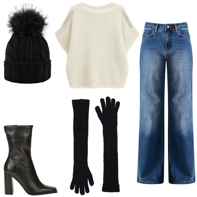 Outfit donna - Caldo berretto. Stile Casual per Tutti i giorni. Abbinamento con guanti, stivaletti, jeans, maglieria, berretti.